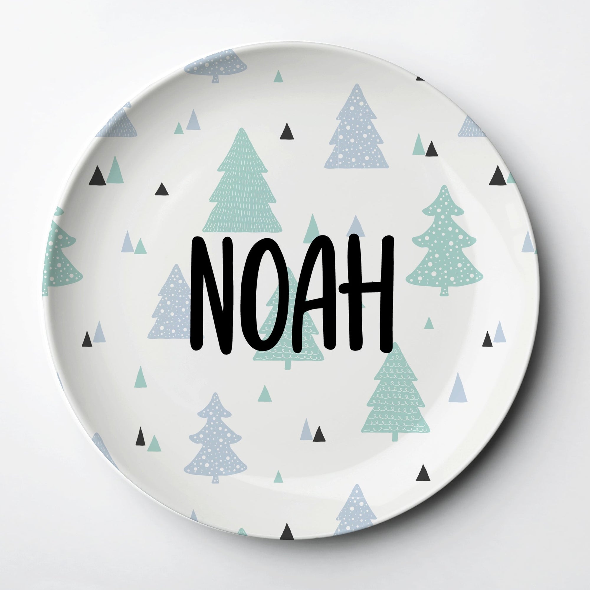 Christmas Personalized Plate, with pastel christmas trees, thick polymer plastic, microwave and dishwasher safe, will last for years, made in the USA