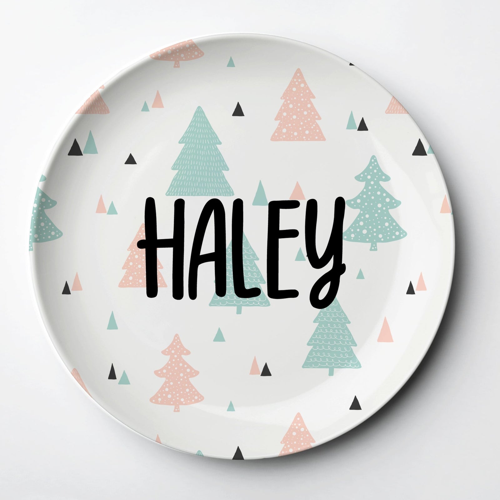 Christmas Personalized Plate, with pastel christmas trees, thick polymer plastic, microwave and dishwasher safe, will last for years, made in the USA