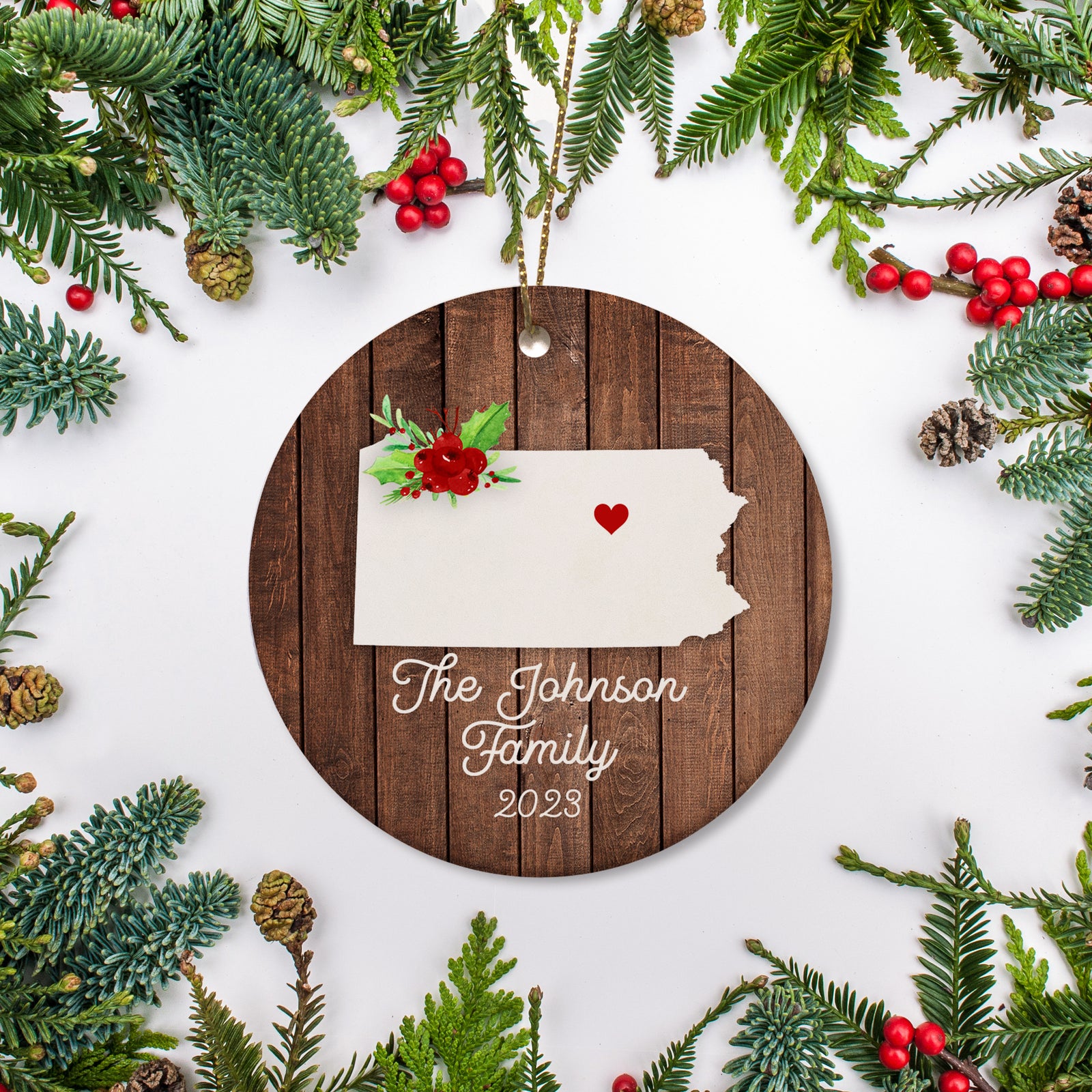 Pennsylvania state christmas ornament. Personalized with your name, city, and year. Ceramic keepsake ornament with a gold hanging string. Great for a college student, new home owners, just moved, or vacation memory