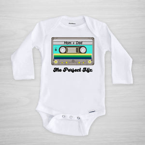 The Perfect Mix Onesie, featuring a retro 80s cassette mix tape with "mom + dad" written on it, custom printed in our Nashville studio on genuine Gerber Onesies, long sleeved