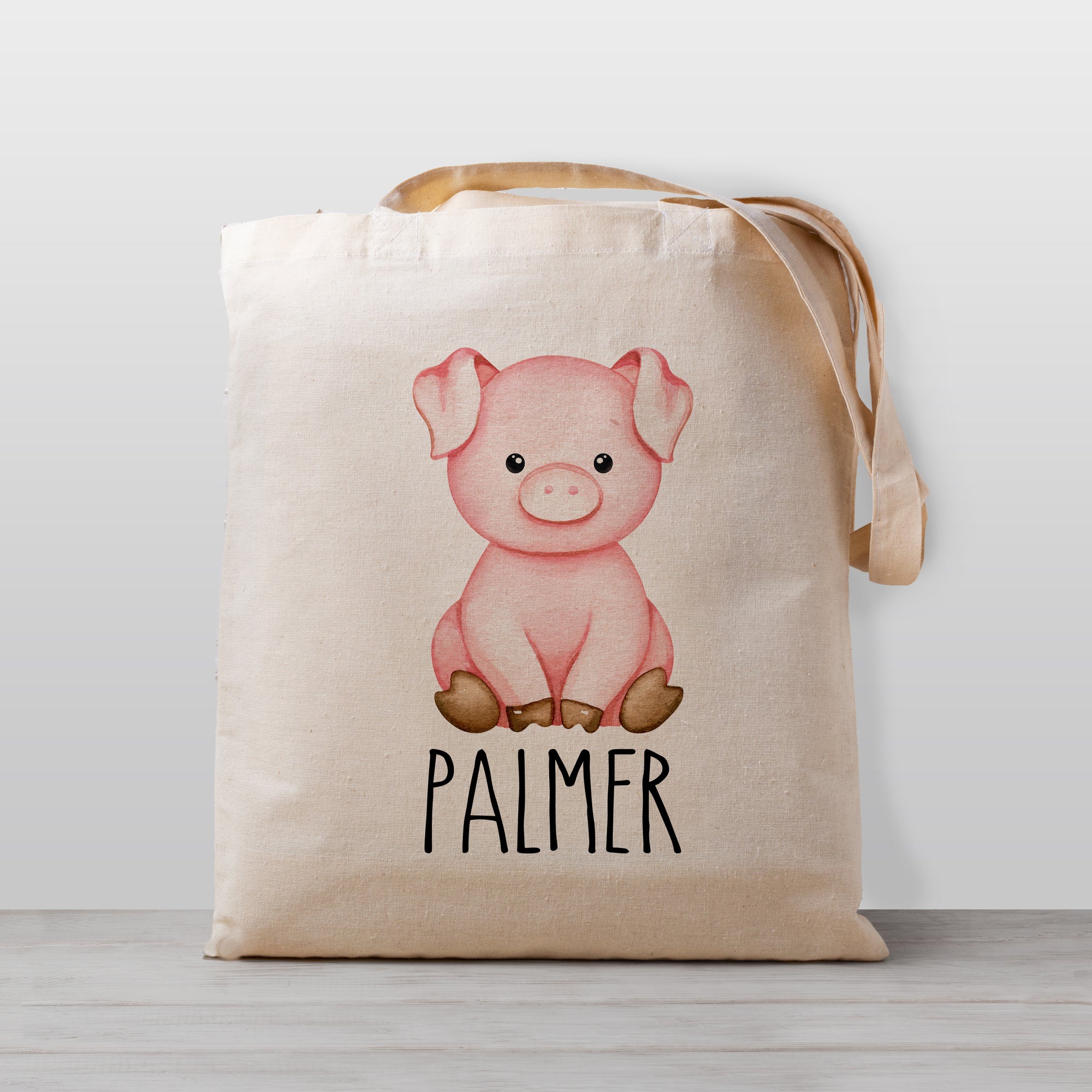 Pig Personalized Tote Bag, with your kid's name, gender neutral so perfect for a boy or a girl, printed on 100% natural cotton canvas. Perfect for preschool, daycare, or library books