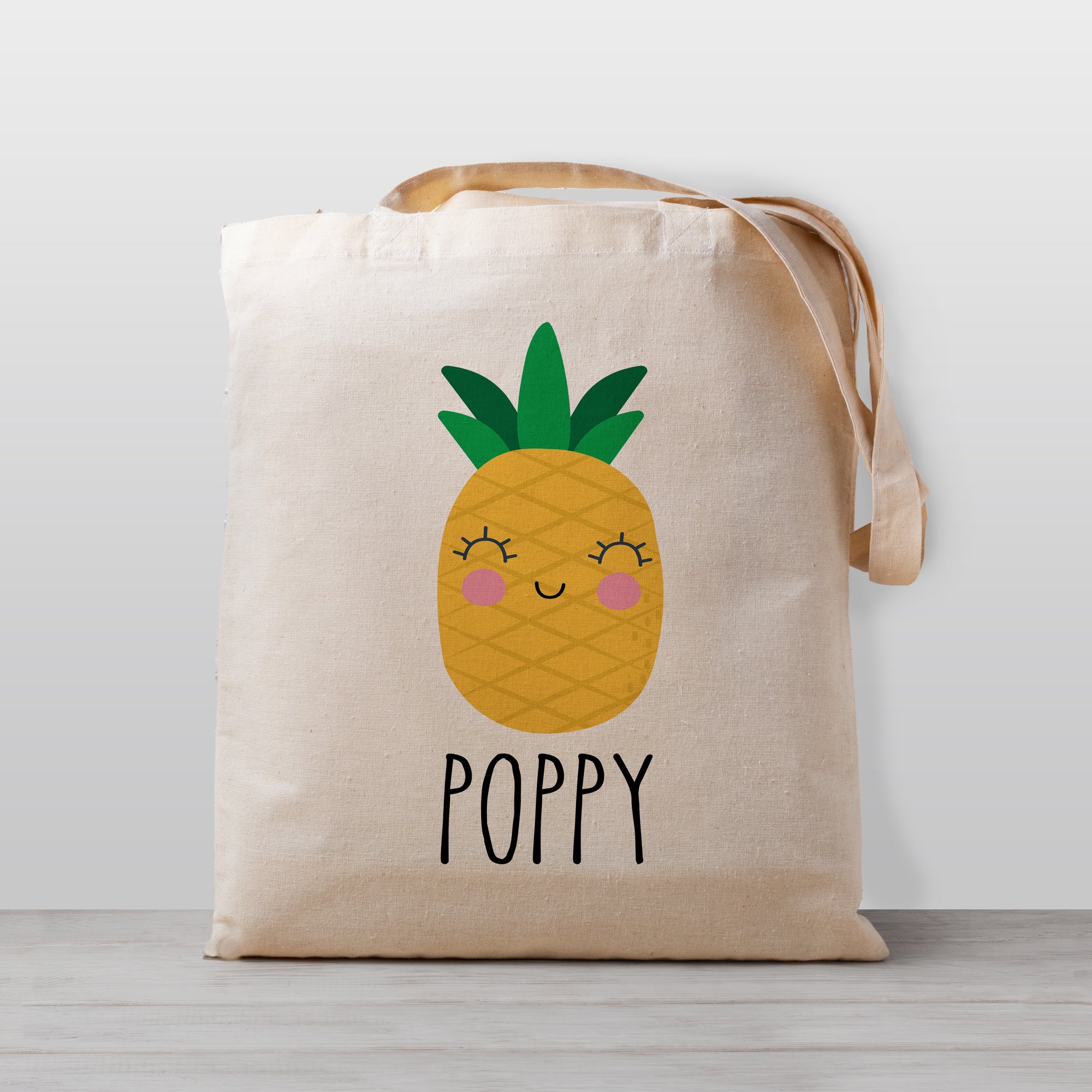 Cute Pineapple tote bag, personalized with your child's name. 100% cotton canvas, great for daycare, preschool, kindergarten, or to use for library books