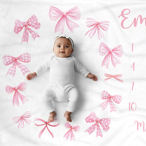 Pink Bow Milestone Blanket for baby girls - available in fleece or minky material