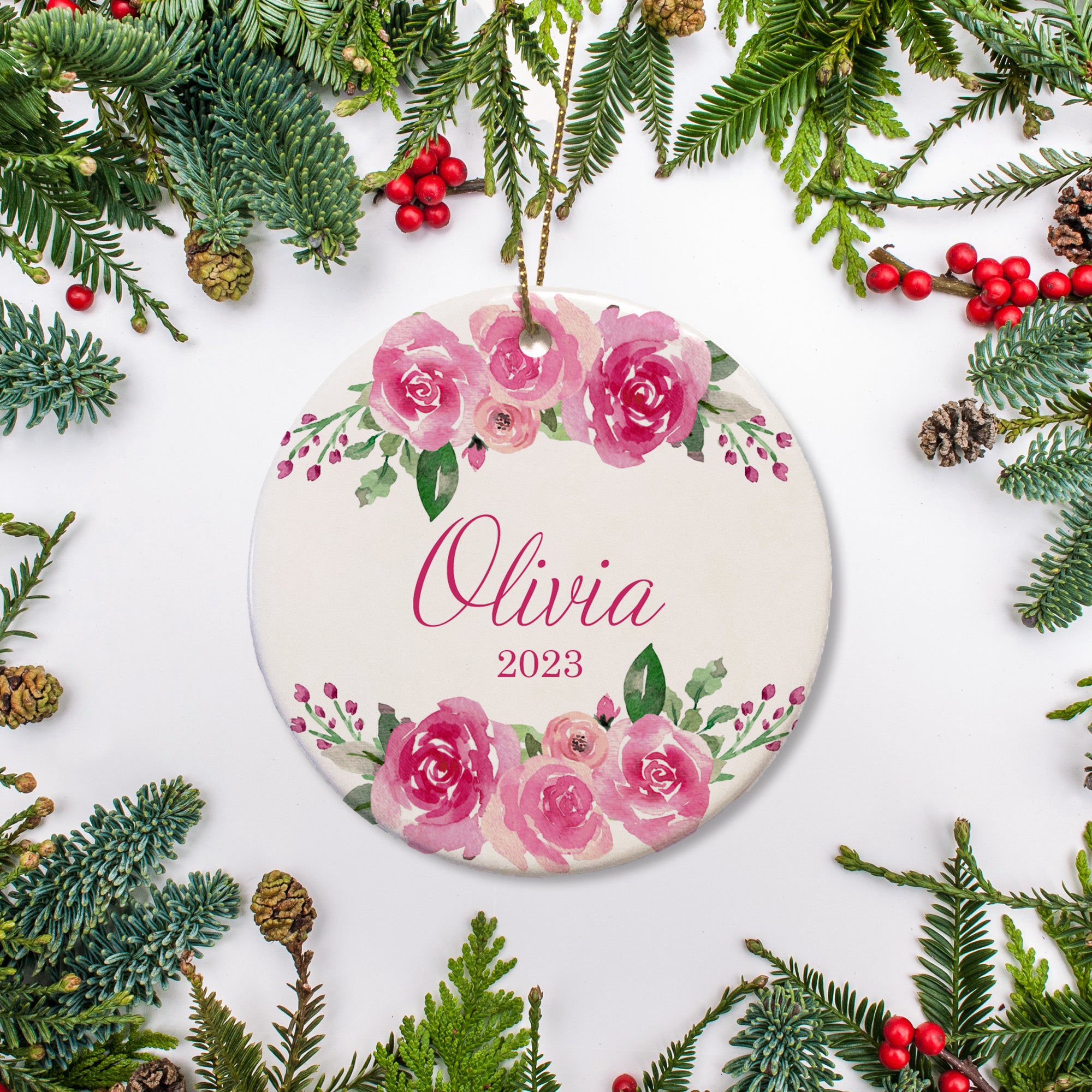 Red roses personalized Christmas ornament with name and year | Pipsy.com