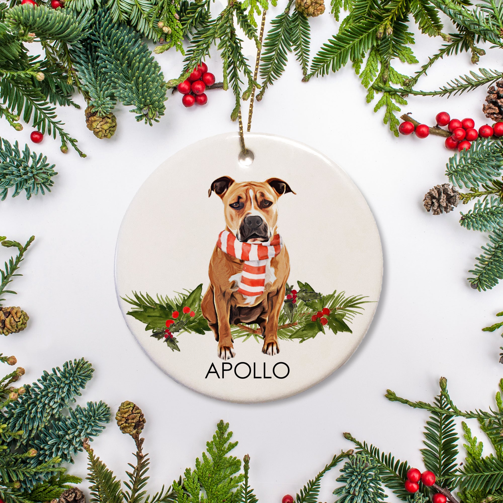 Pit Bull Personalized Christmas Ornament, featuring a fawn pitbull with a white chest and a holiday scarf, ceramic ornament