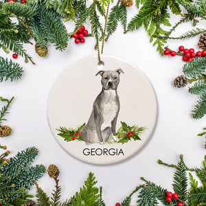 itbull Christmas Ornament, featuring a blue gray pit bull and your dog's name
