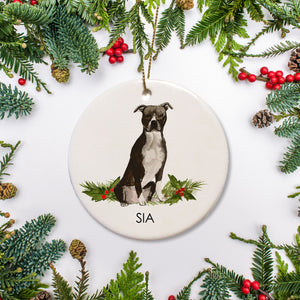 Pit bull Christmas ornament, personalized with your dog's name. The ceramic ornament features a black and white pitty, and comes with a free gift box