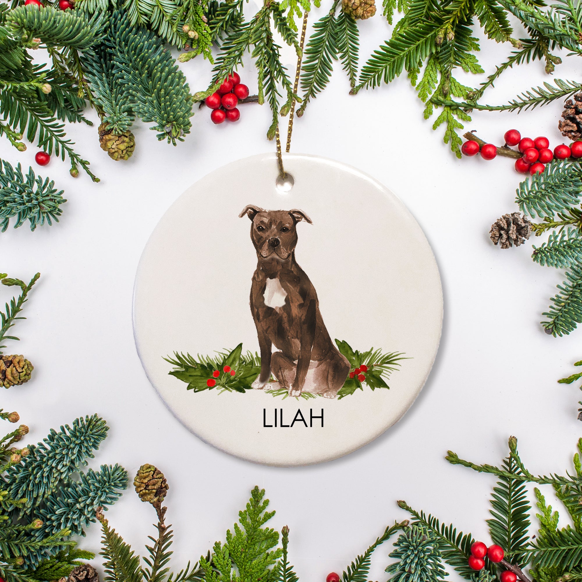 Pitbull Christmas Ornament personalized with your pit bull's name, brown pitty dog with a white chest