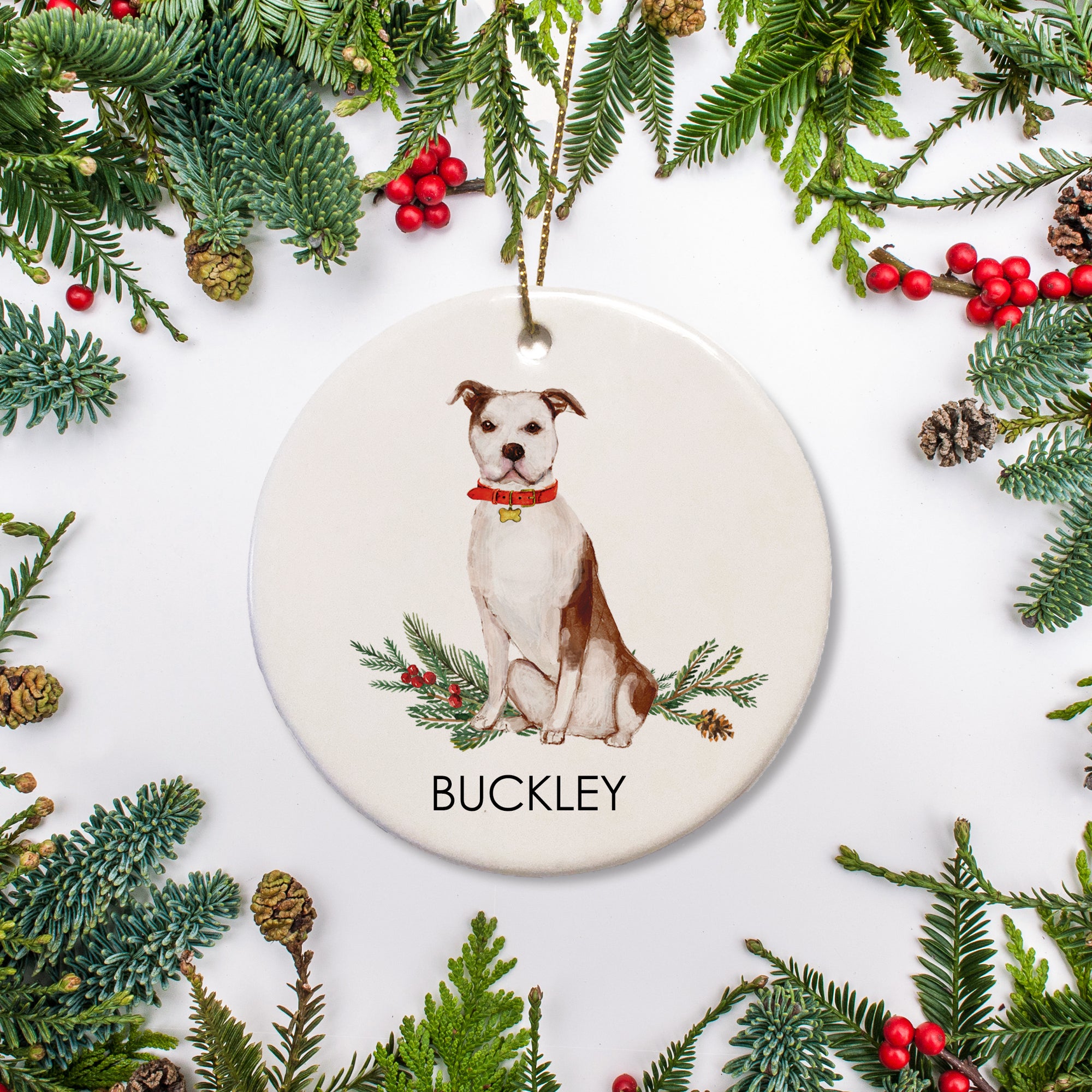 Pit Bull christmas ornament featuring a brown dog with a white chest and face, personalized ceramic ornament