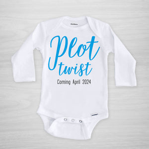 Plot twist onesie to announce the arrival of a baby boy, with the month due date, great for posting on social media as a pregnancy announcement, long sleeved