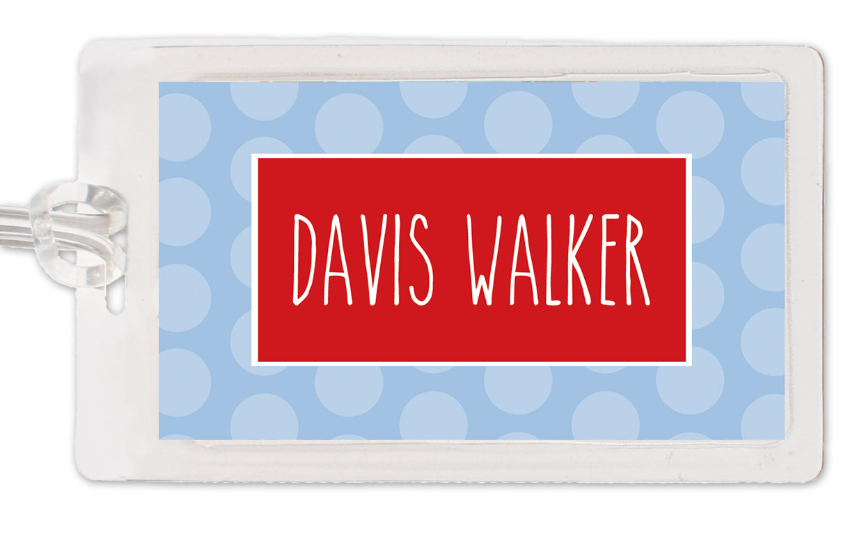 Polka Dot Bag tag, skinny font, choose any color scheme, laminated, sturdy, 2-sided