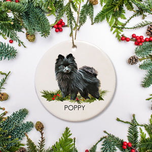 Black Pomeranian Christmas Ornament, personalized with your dog's name, white ceramic