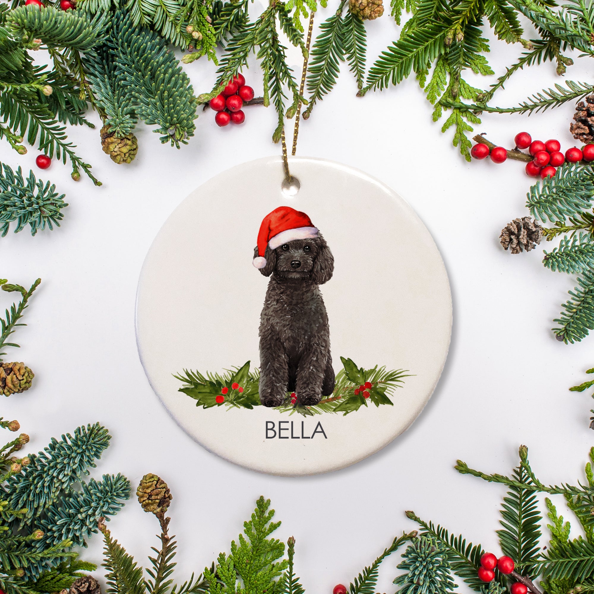 Poodle Personalized Christmas ornament, featuring a black poodle