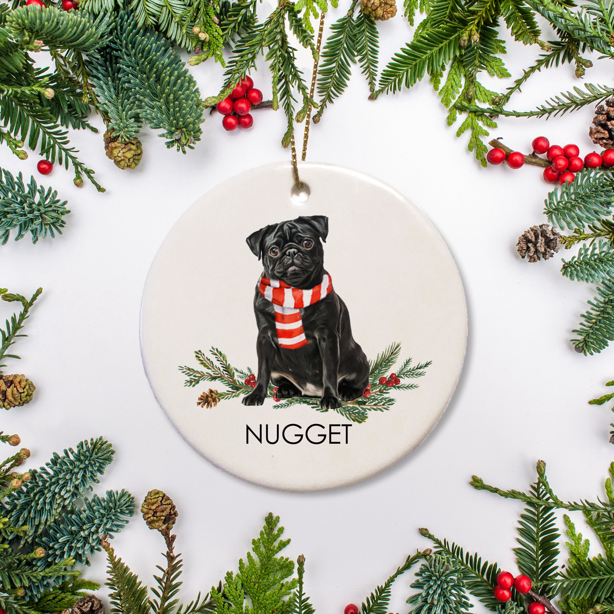 blakc pug dog personalized Christmas ornament