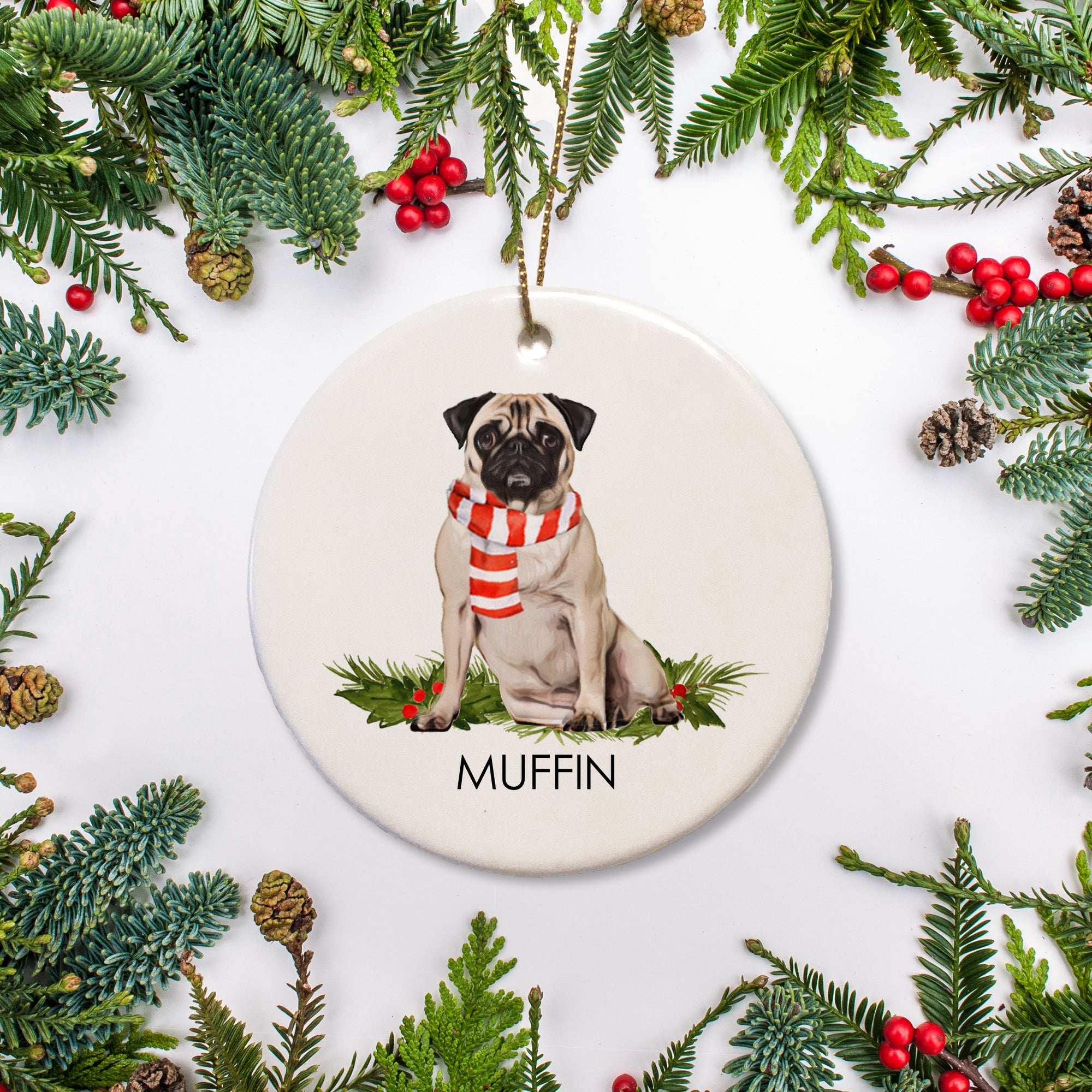 fawn colored pug christmas ornament, personalized on ceramic