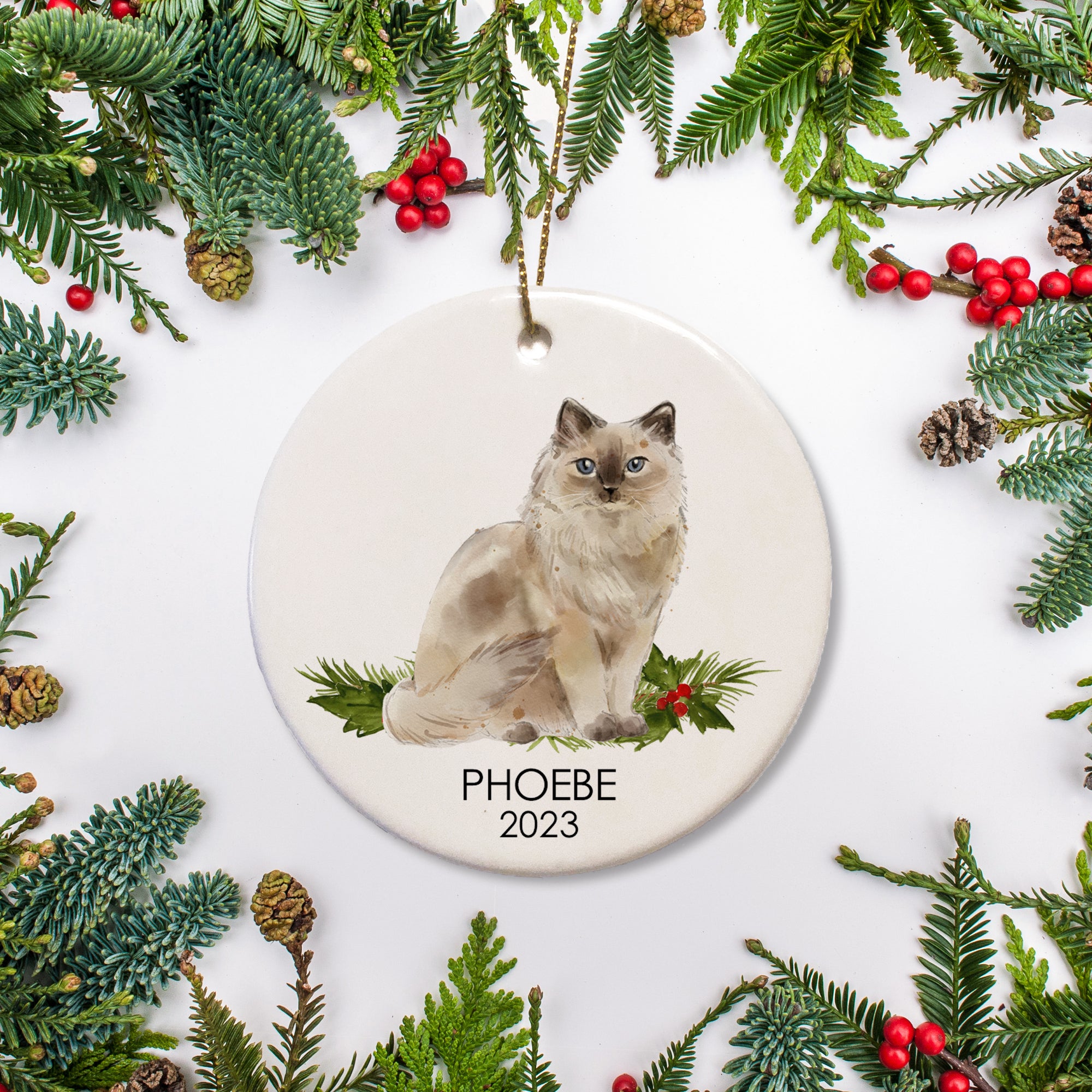 Personalized Christmas ornament - rag doll cat, ragdoll cat sitting on greenery with name and year of your choice | PIPSY.COM