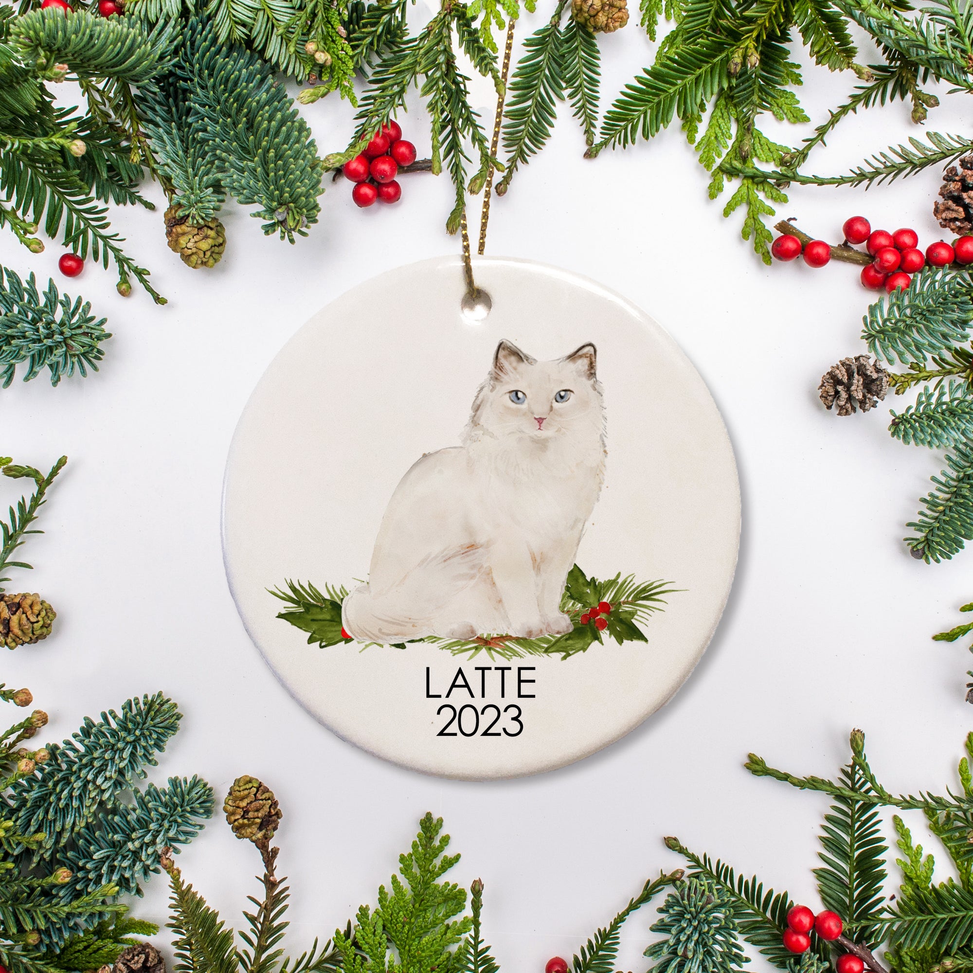 white ragdoll cat personalized chistmas ornament, ceramic