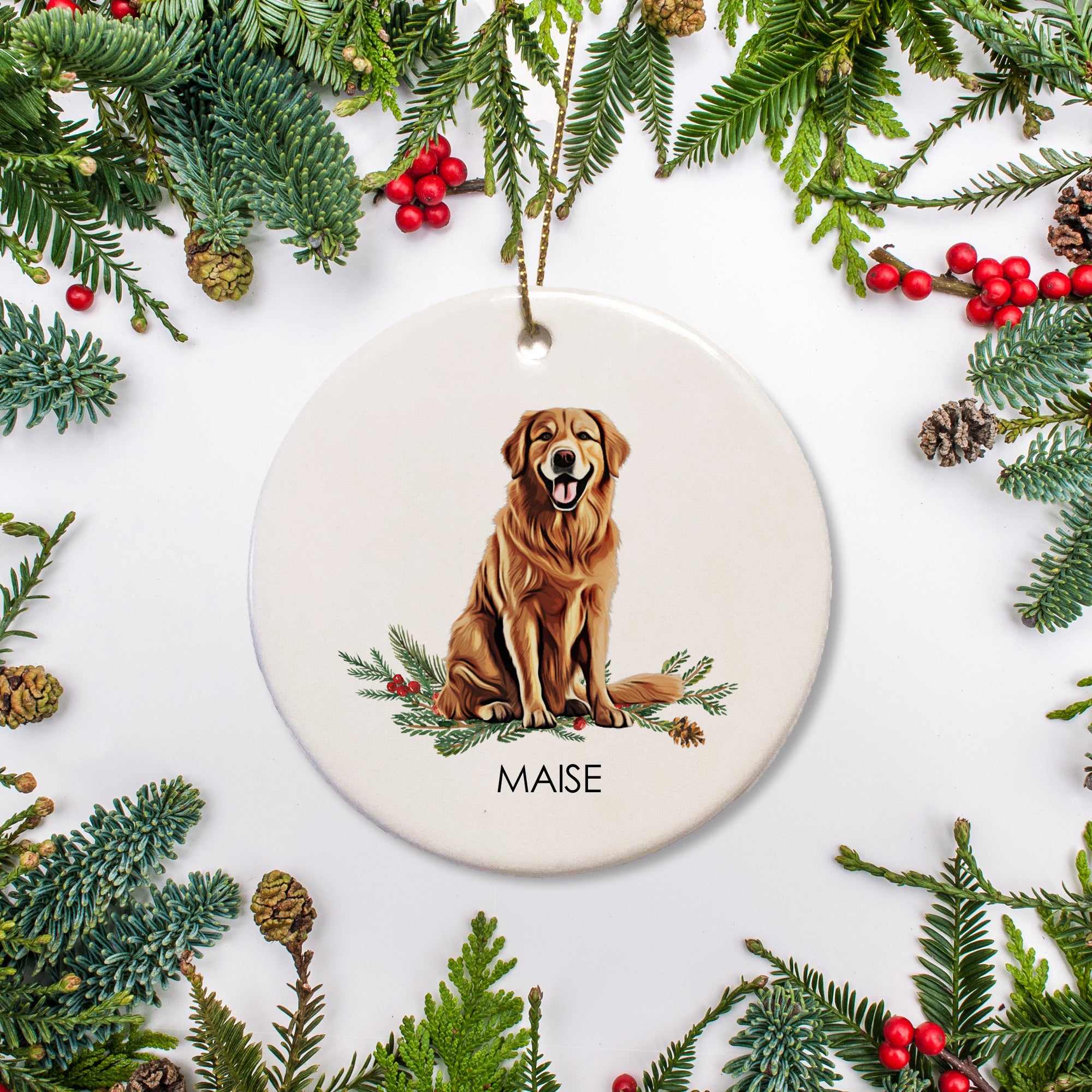 Personalized Dog Christmas Ornament, featuring a red golden retriever sitting on a bed of holly