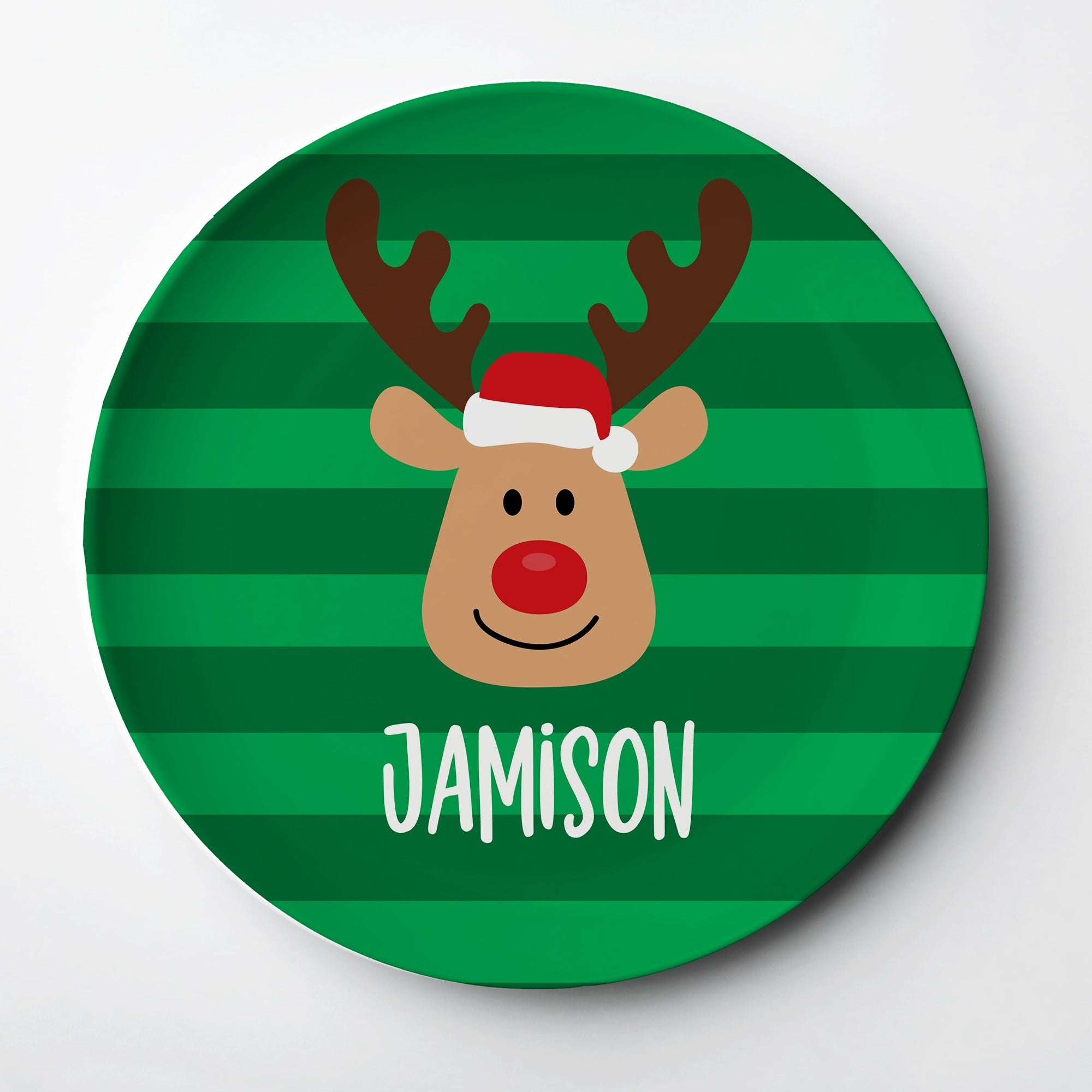 Reindeer with Santa Hat Personalized Plate. Thick polymer plate that will last for years. Dishwasher and microwave safe. FDA approved for food use