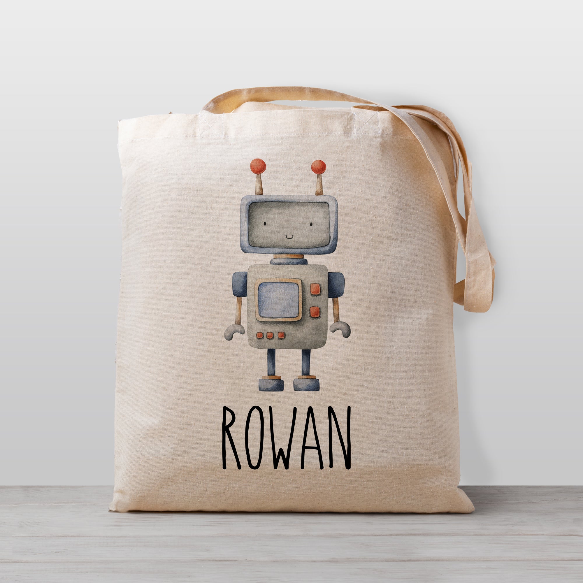 Robot tote bag, personalized, book bag for library, preschool, daycare, kindergarten