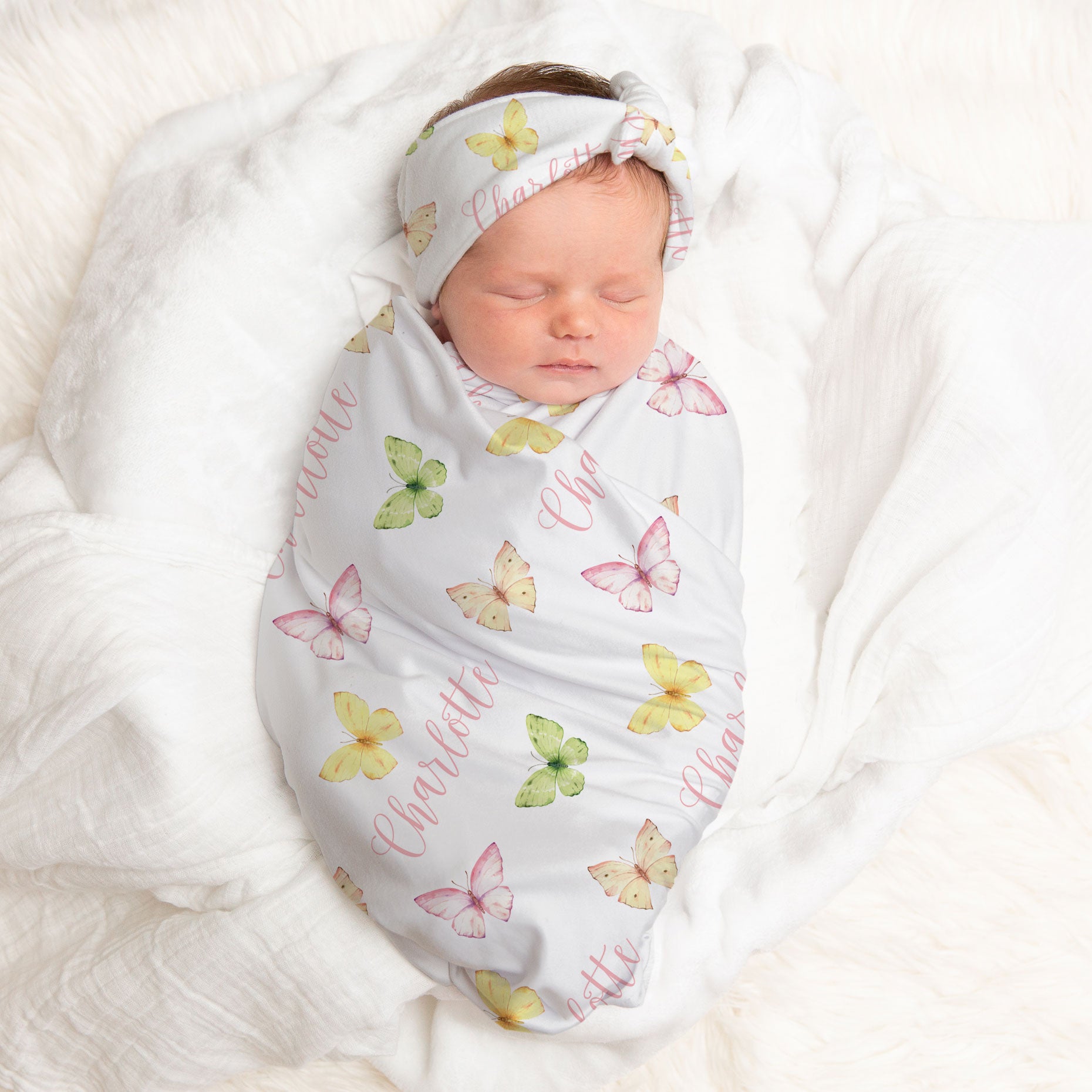 Girl swaddle blanket with matching headband, stretchy jersey knit