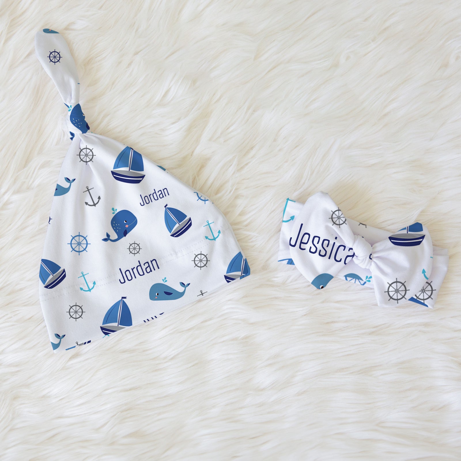 Whales and Boats Swaddle Set from Pipsy, stretchy soft jersey knit. Colors can be cusotmized upon request, matching knotted beanie available