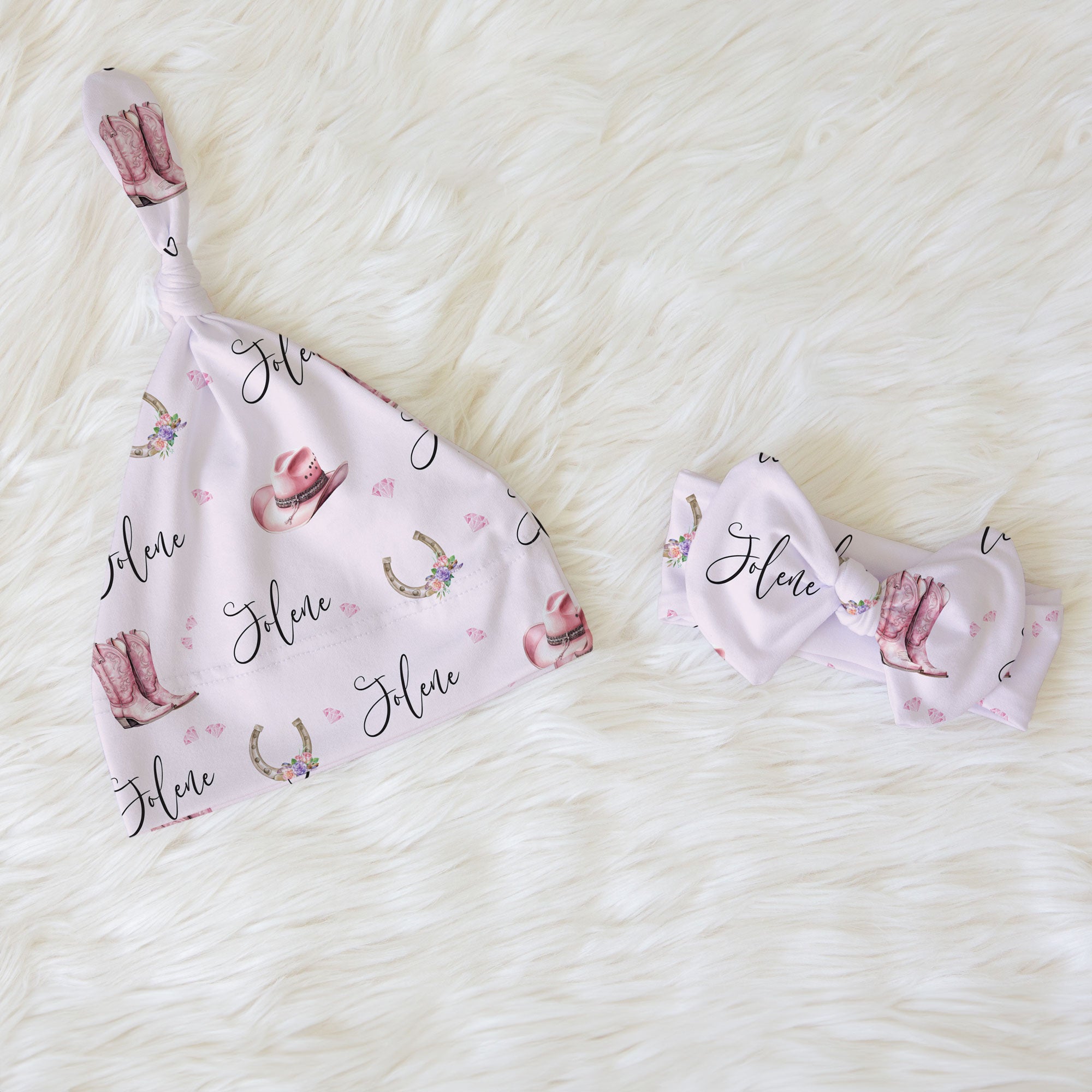 Pink Cowgirl swaddle set with matching hat and bow, personalized