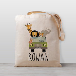 A cute safari jeep tote - loaded with a lion, cheetah, elephant, giraffe and monkey. Great for daycare or preschool, or as a library book bag. 100% Natural cotton canvas