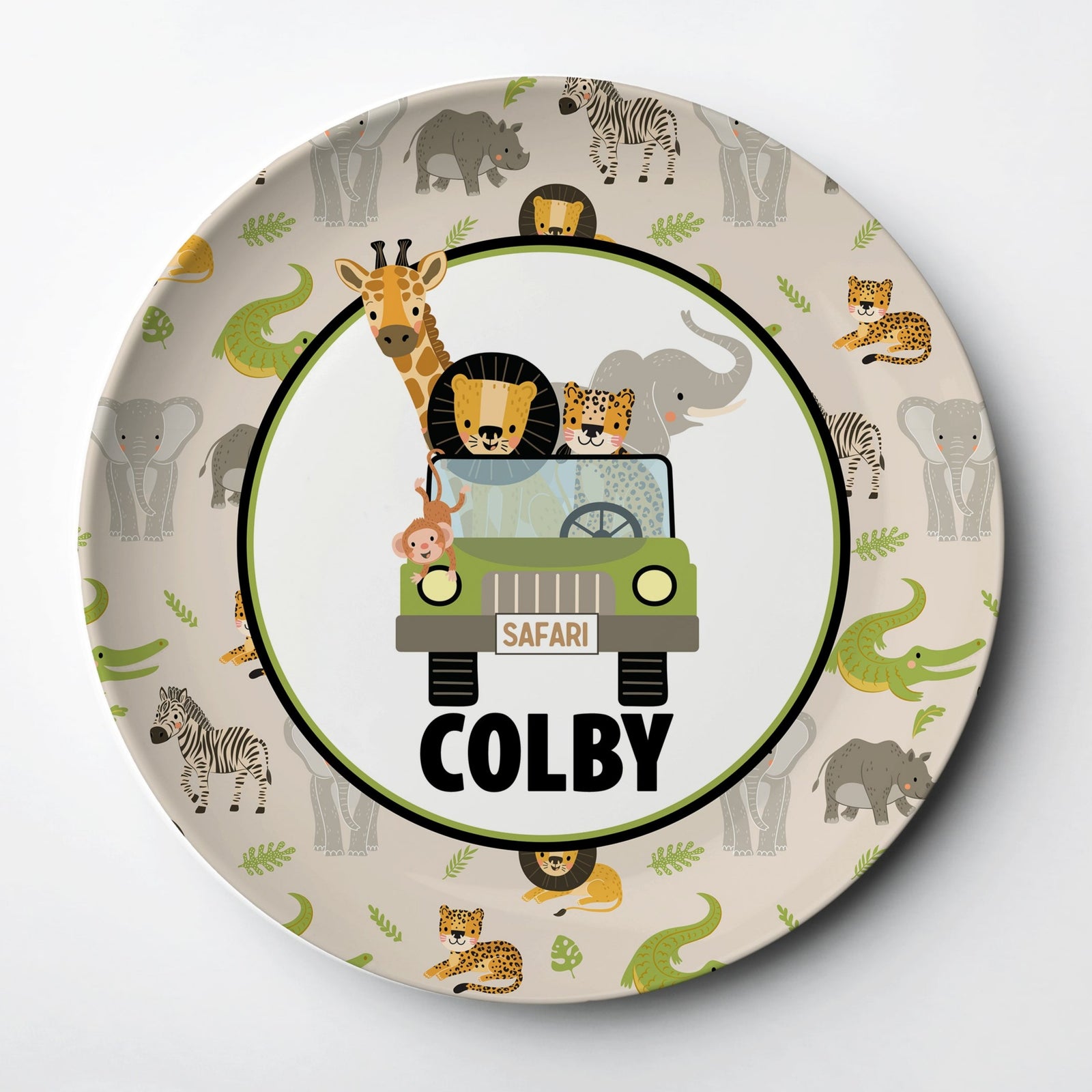 This personalized plate features a cute safari jeep filled with jungle animals (elephant, giraffe, lion, cheetah, and monkey). The plate is made from a thick polymer material and will last for years.