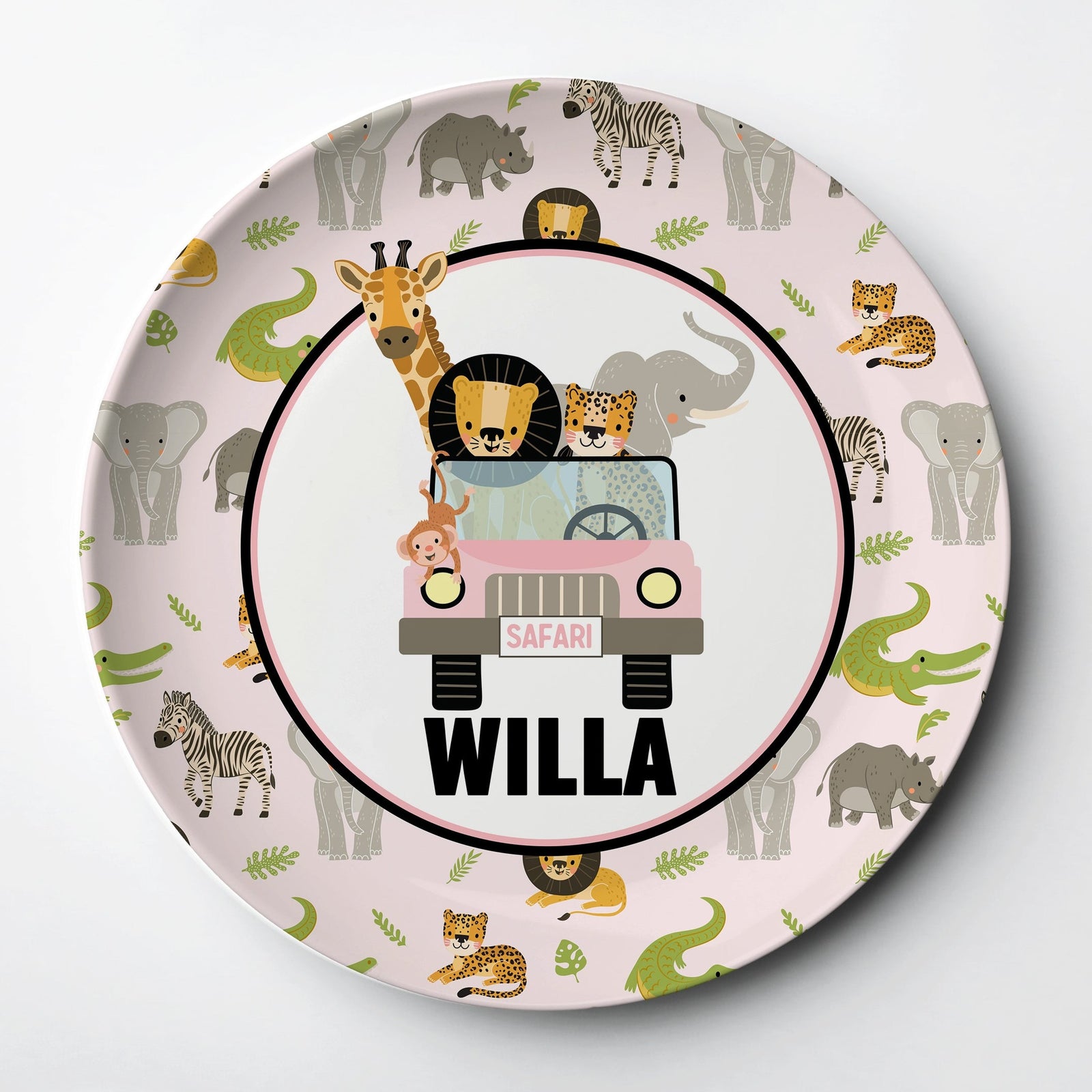 This personalized plate features a cute safari jeep filled with jungle animals (elephant, giraffe, lion, cheetah, and monkey). The plate is made from a thick polymer material and will last for years.