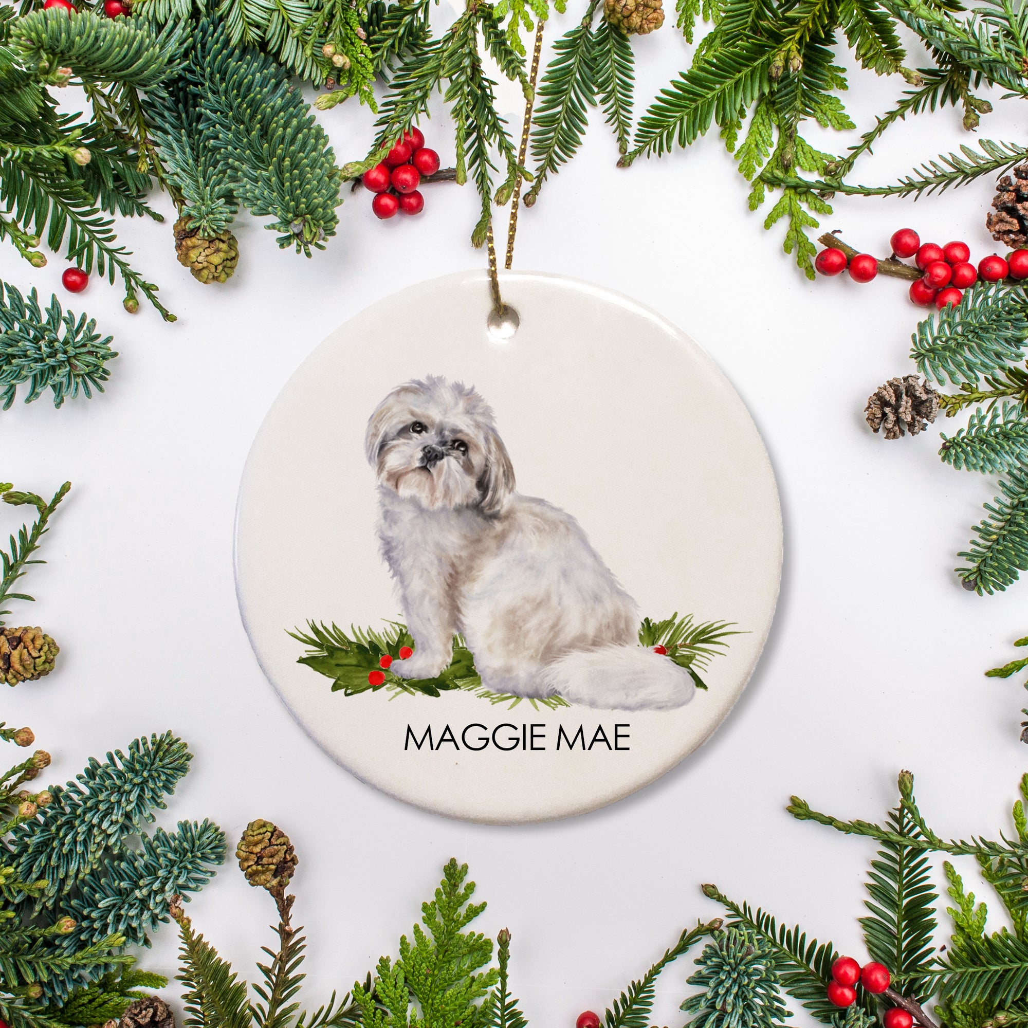 Celebrate the holidays with this personalized Shih Tzu ceramic Christmas ornament. Perfect for dog lovers, the ornament is custom designed to make a festive addition to any Christmas tree. Featuring a detailed design, the ceramic ornament is a great way to remember your pet for years to come.