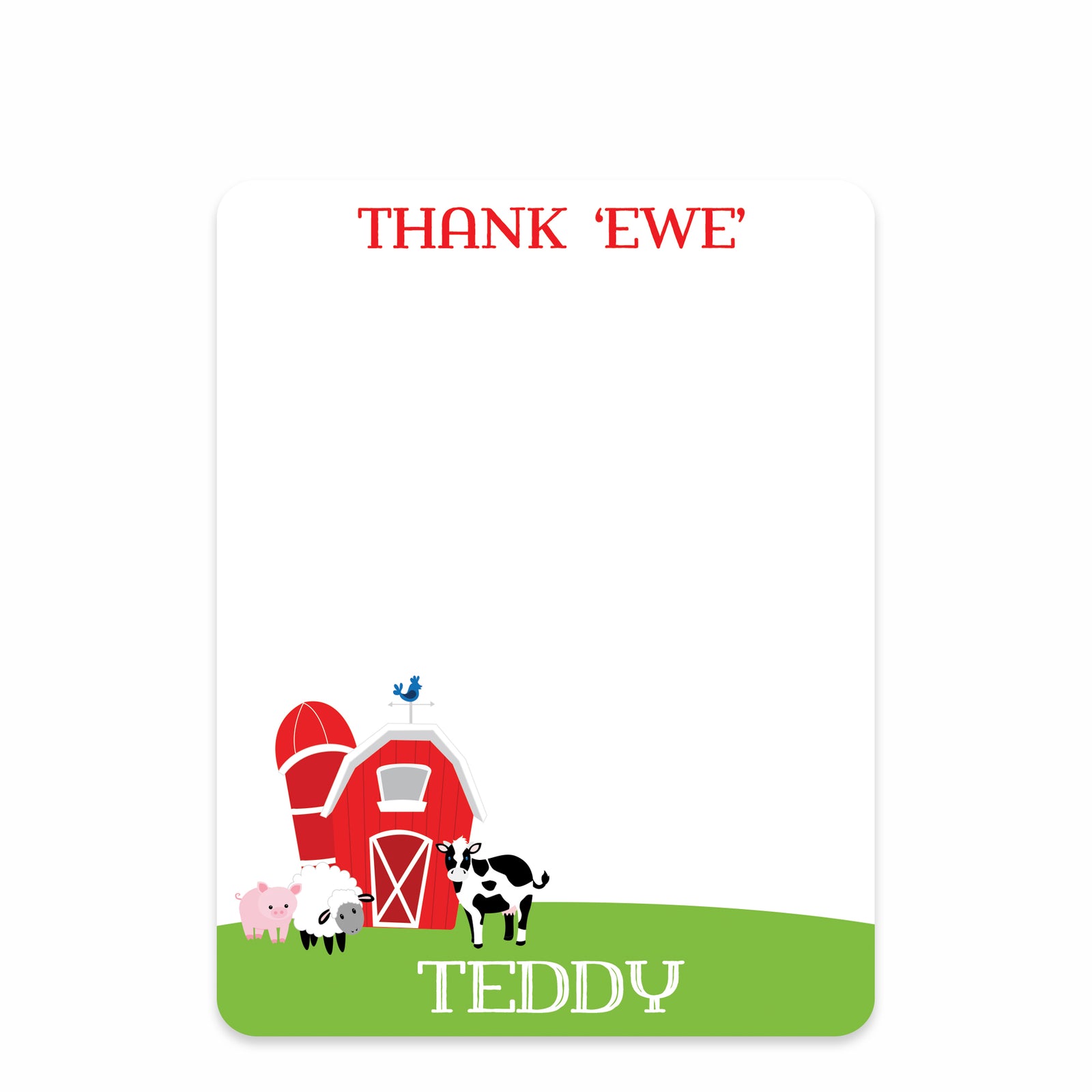 Farm thank you notecards, featuring a red barn, cow, sheep, pig, and a cute gingham plaid back pattern