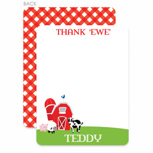 Farm thank you notecards, featuring a red barn, cow, sheep, pig, and a cute gingham plaid back pattern