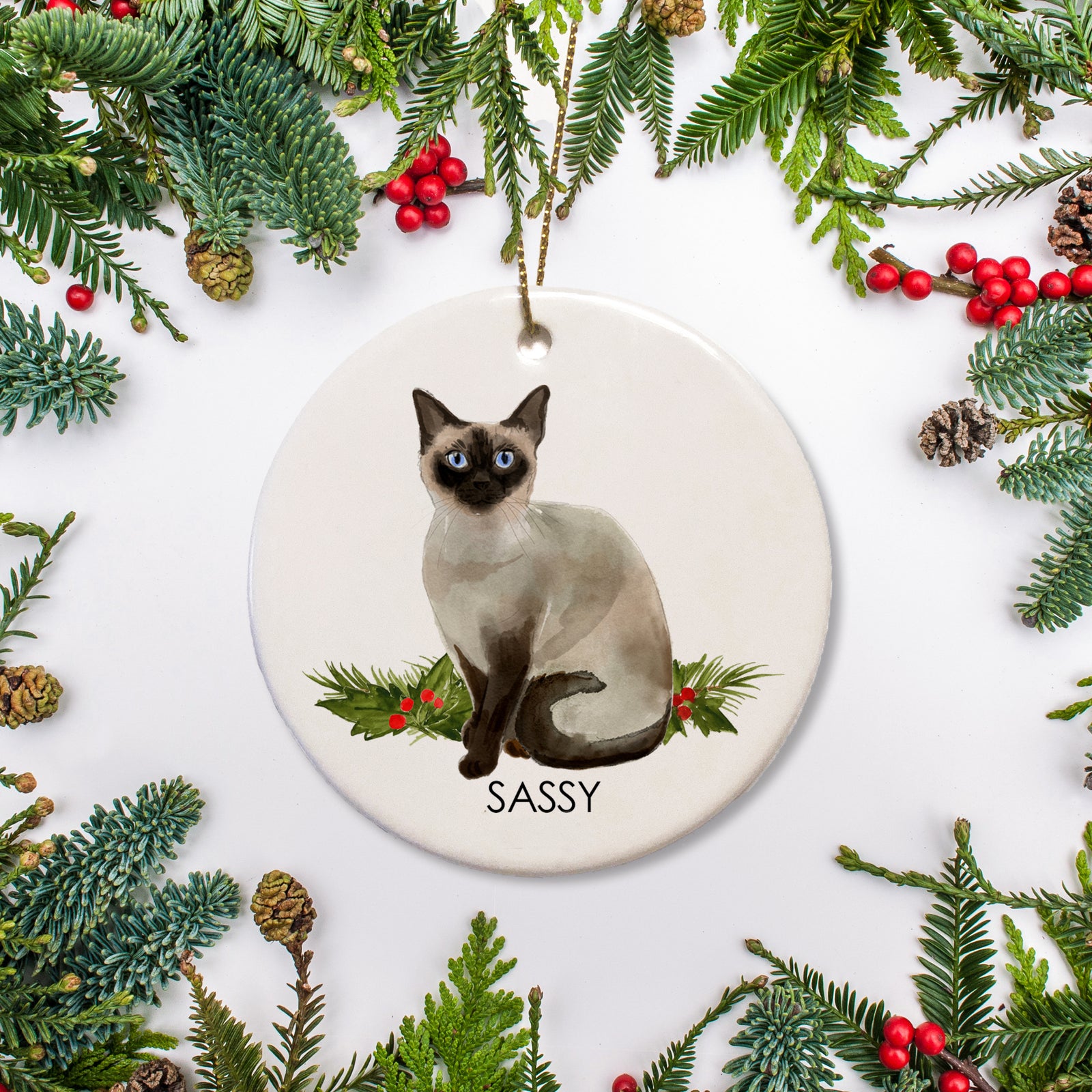 Siamese personalized Christmas ornament - blue eyes - holly and pine accent, personalized with your cat's name