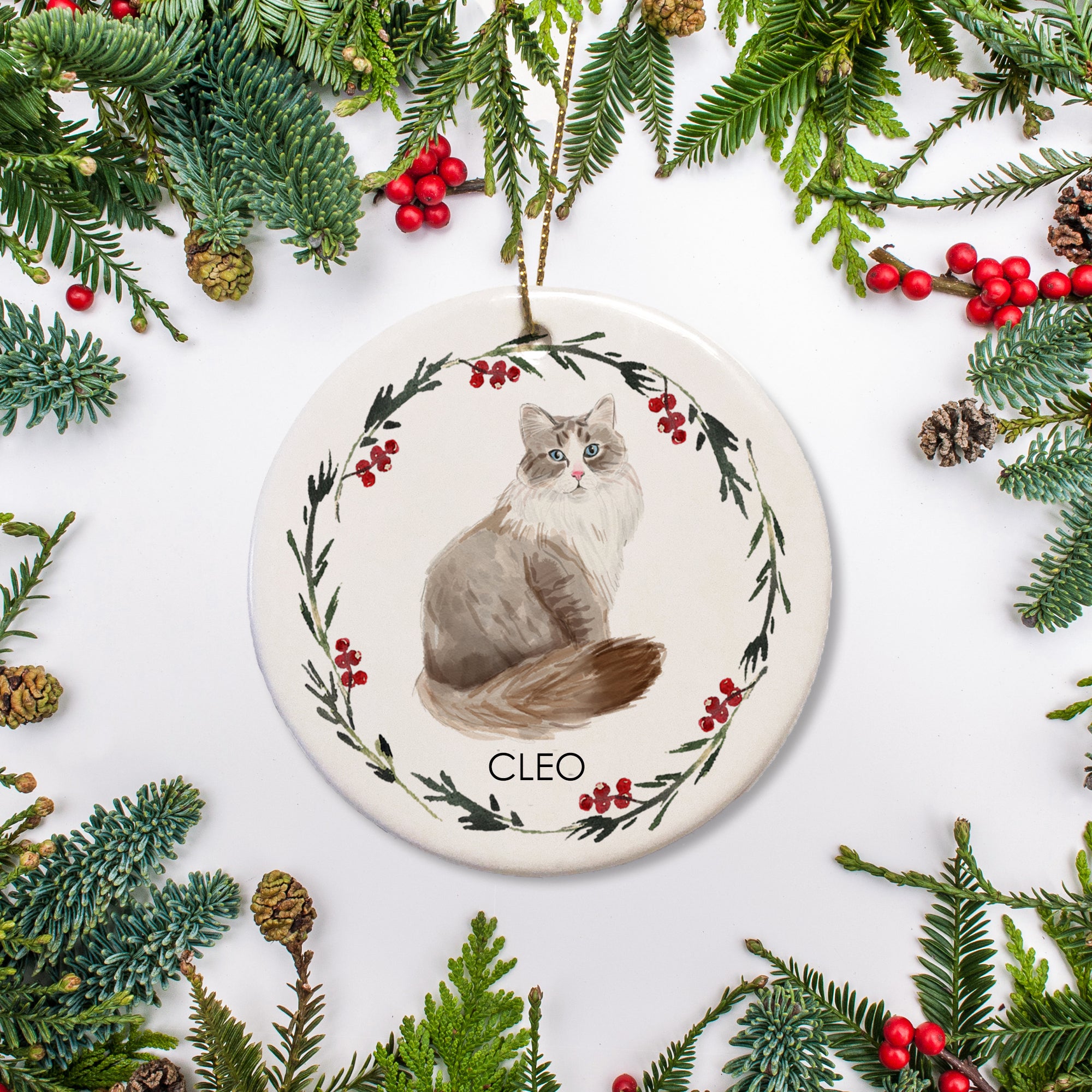 This custom Christmas ornament features a Siberian cat, personalized with your pet's name. It is a great gift for any cat lover or way to commemorate your fur baby's first Christmas. We can print a special note or message on the back to add an extra special touch.