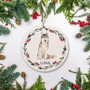  Siberian Husky Christmas ornament, personalized with your dog's name and the year. High quality ceramic ornament with a gold string for hanging. Comes with a free gift box