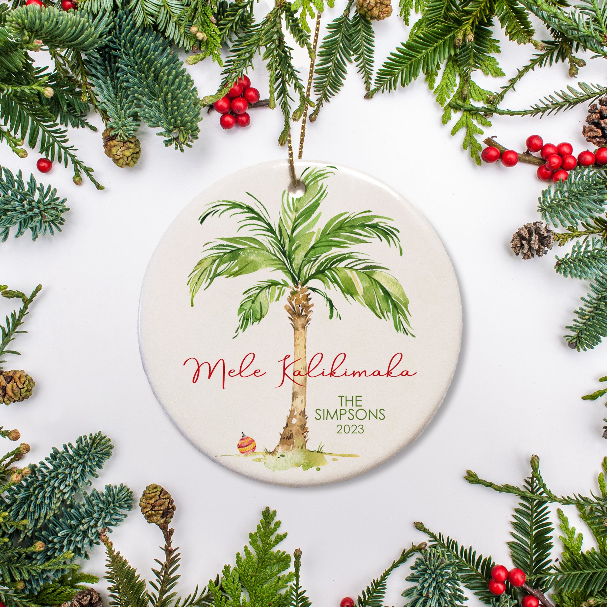 Hawaii Christmas Ornament, Maui Love, - Personalized Mele Kalikimaka with name and year of your choice. Tropical Wreath, palm fronds and plumerias | Palm Tree | Pipsy.com