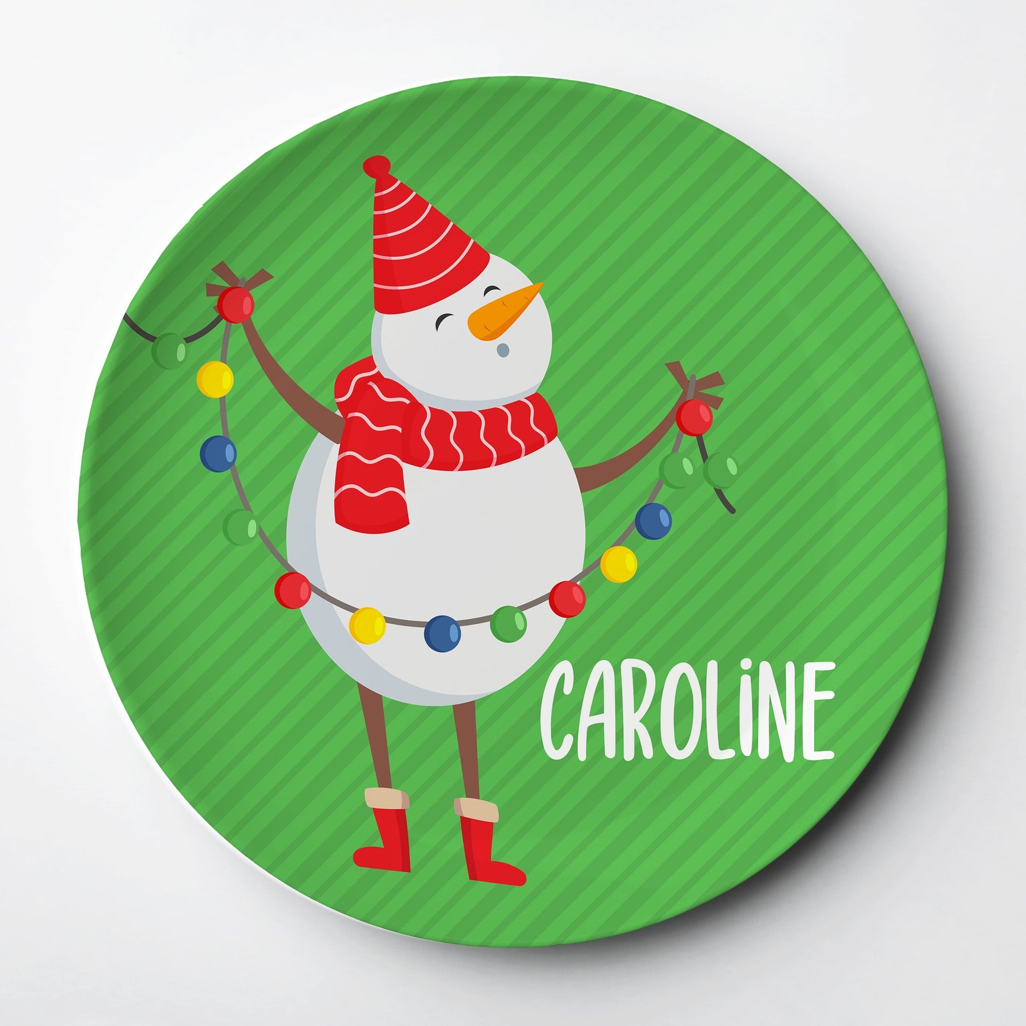 Snowman Green Personalized Christmas Plate, Microwave and dishwasher safe
