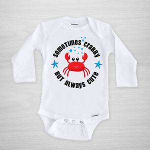 Our Sometimes Crabby Onesie is just the right pick for crabby cuties everywhere! This Gerber Onesie® is made with 100% cotton for softness and comfort and features a vibrant crab design with the phrase "Sometimes Crabby But Always Cute". Great for keeping your little one comfy and stylish! Long Sleeved