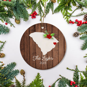 South Carolina state christmas ornament. Personalized with your name, city, and year. Ceramic keepsake ornament with a gold hanging string. Great for a college student, new home owners, just moved, or vacation memory