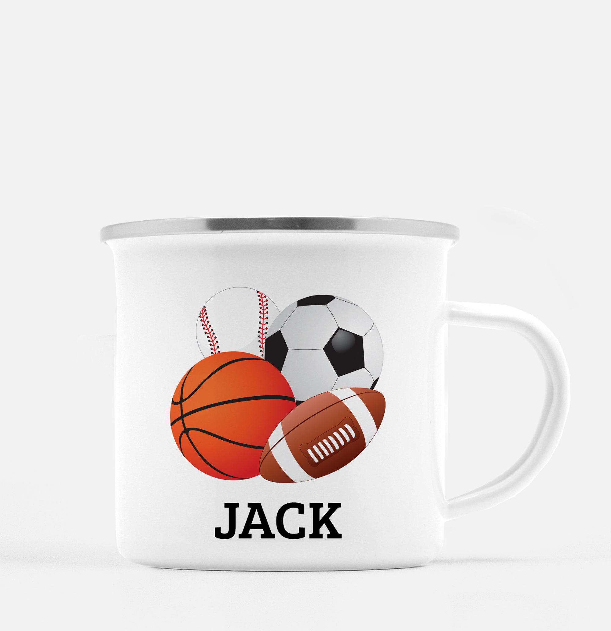 Sports Camp mug featuring a basketball, football, baseball, and a soccer ball. Personalized with your chlid's name