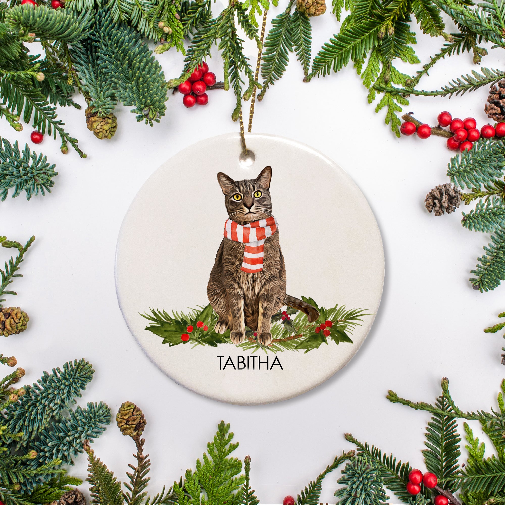 This keepsake ornament showcases a darling tabby cat, personalized with your pet's name. It's sure to bring joy to any cat lover or commemorate your pet's first Christmas! We can add a special note to the back if you want to include dates or a cute list of things your fur baby loves to do.