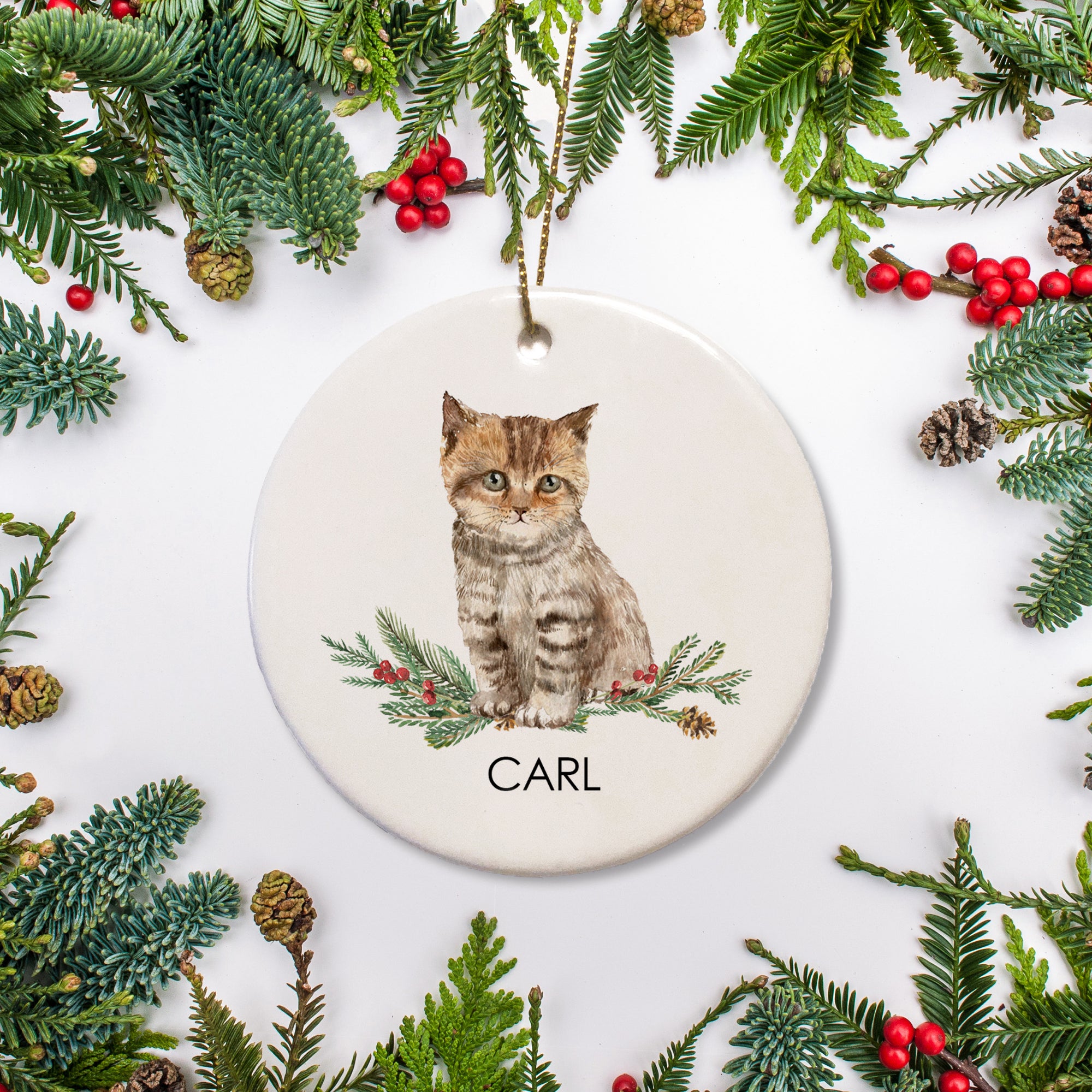 Personalized Christmas ornament - kitten sitting on greenery with name