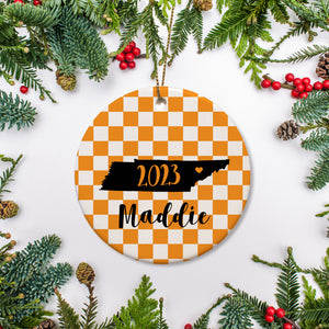 Tennessee state christmas ornament. Personalized with your name, city, and year. Ceramic keepsake ornament with a gold hanging string. Great for a college student, new home owners, just moved, or vacation memory