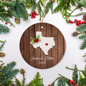 Texas state christmas ornament. Personalized with your name, city, and year. Ceramic keepsake ornament with a gold hanging string. Great for a college student, new home owners, just moved, or vacation memory