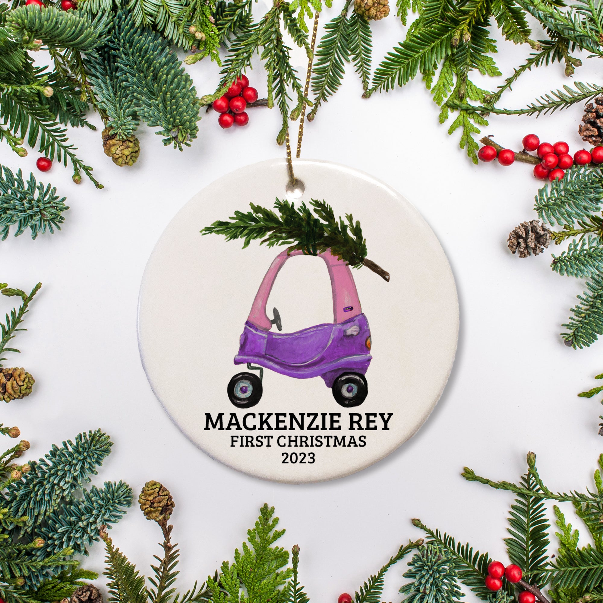 This personalized toy car Christmas ornament with tree is the perfect keepsake gift for a child or great way to commemorate baby's first Christmas. keepsake, baby Christmas ornament, gift for babys first Christmas, baby's 1st, grandchild Christmas gift, create an annual tradition with the gift a personalized ornament