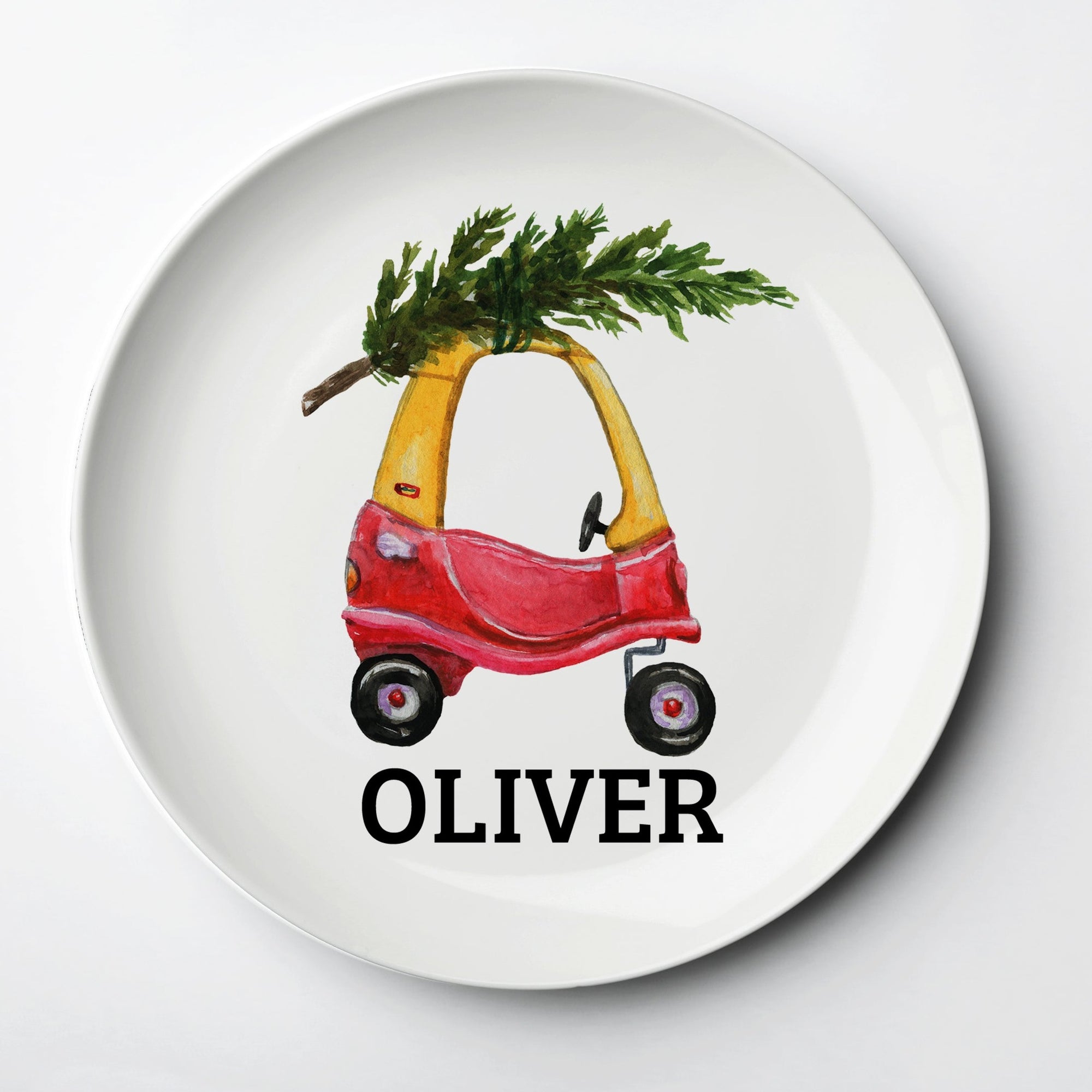 Toy Car Personalized Plate, with a christmas tree on top of the care. Thick polymer plate that will last for years. Unbreakable, Dishwasher and Microwave safe