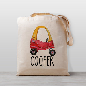 A toy car personalized tote bag, perfect for carrying your little one's stuff to preschool or kindergarten. Works great as a library book bag, too! 