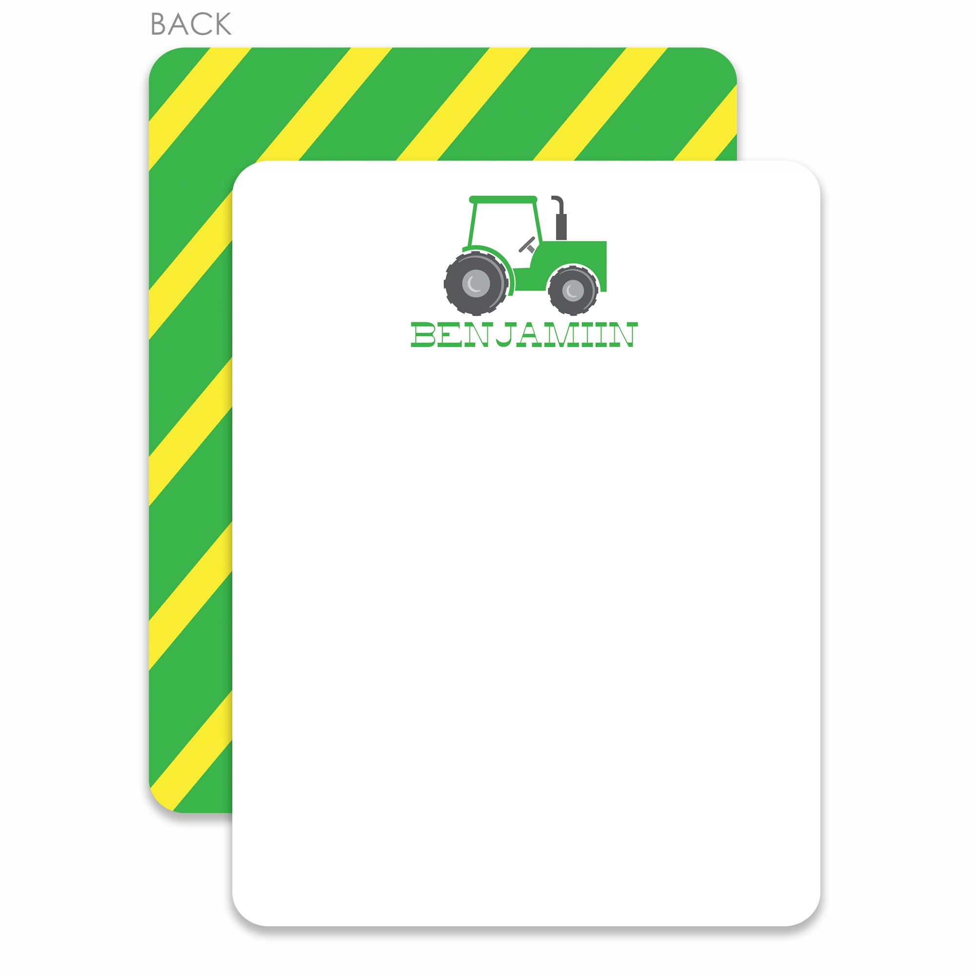 Tractor flat notecards stationery thank you cards, green tractor and yellow stripes