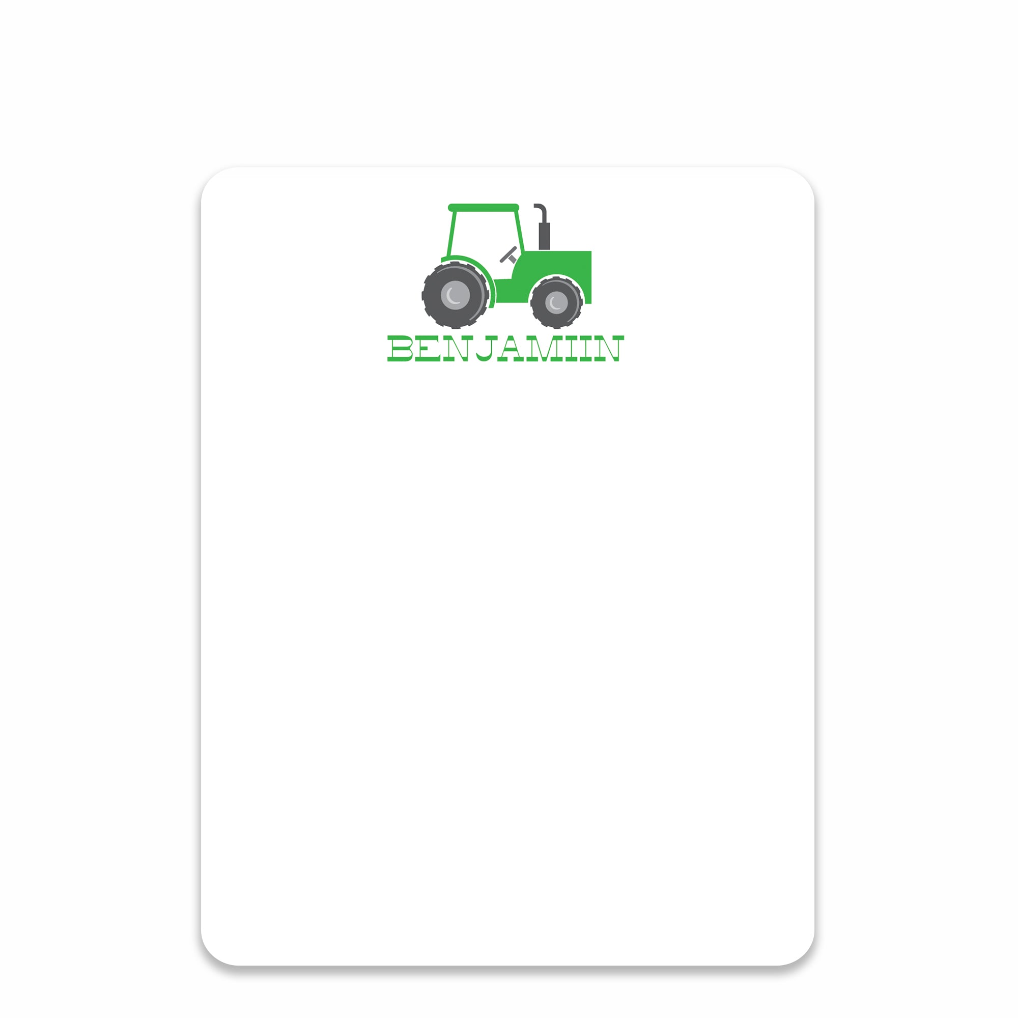 Tractor flat notecards stationery thank you cards, green tractor and yellow stripes, front view